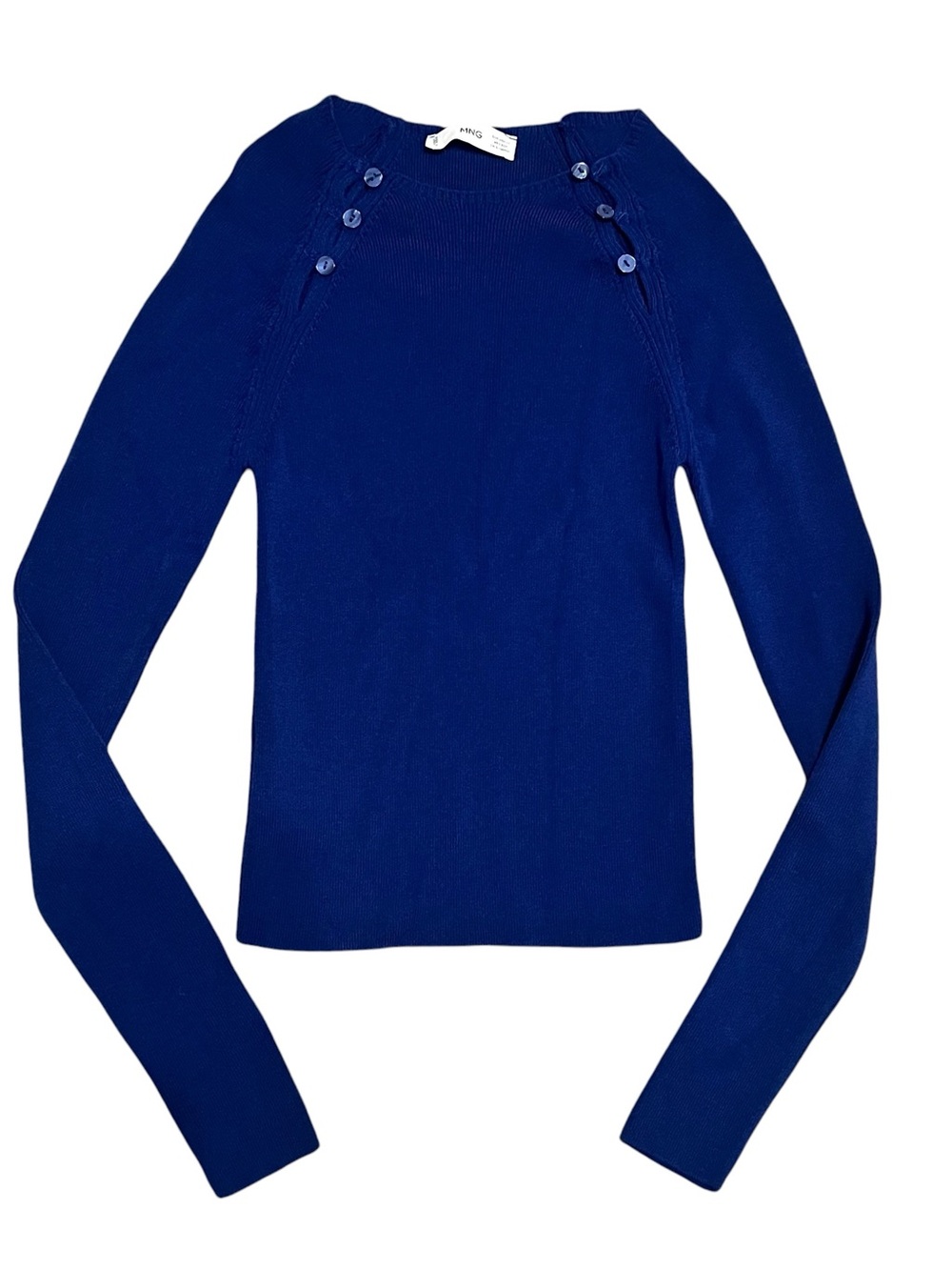 MNG Mango Royal Blue Button-Shoulder Ribbed Long Sleeve Top Size XS
